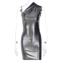 Load image into Gallery viewer, Pu Leather One Shoulder Sleeveless Draped Mini Prom Dress 2022 Summer
